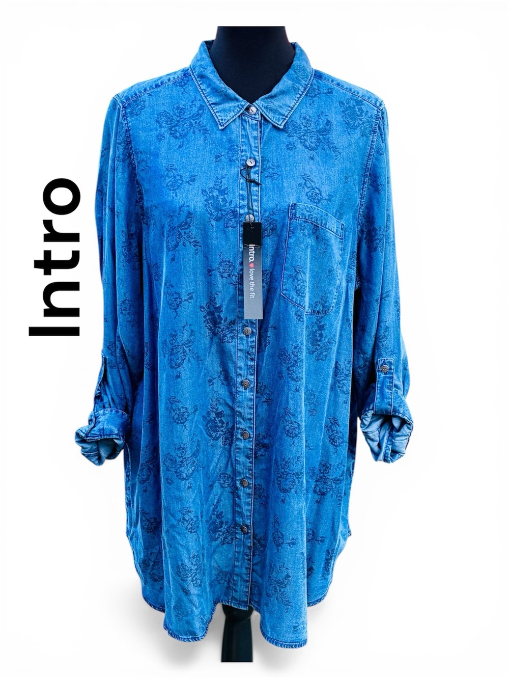 NWT Intro SZ 2X Floral Lyocell Denim Roll-Tab Button Up Shirt